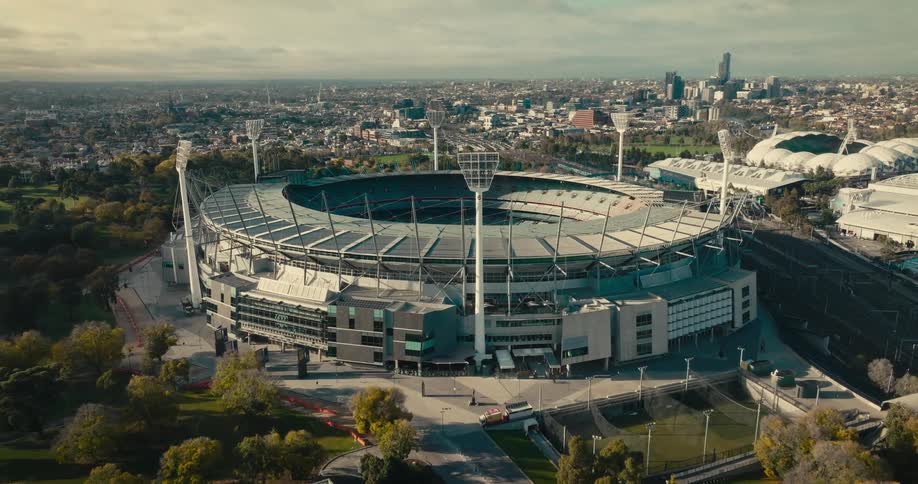 An aerial view of a stadium in a big city
