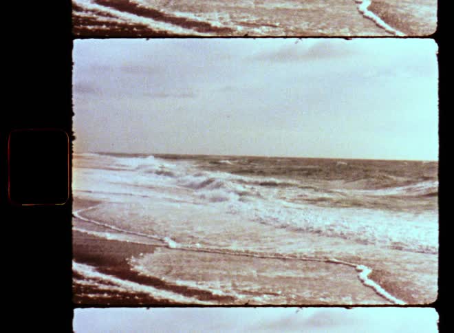 A coastal bird or seagull flies along the shoreline of the ocean or sea while light foamy waves are washing up on the beach on an overcast day caught on vintage Super 8mm film