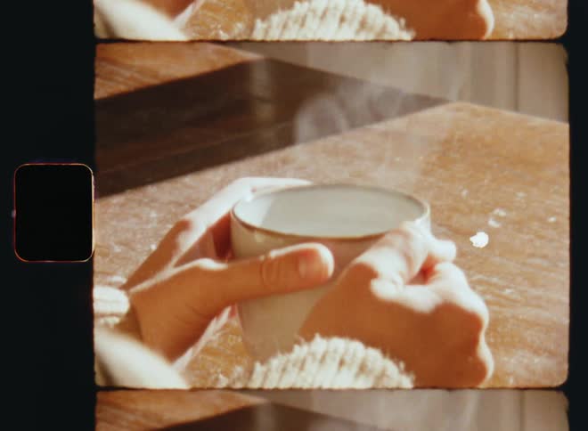 Hands holding a steaming mug while sun shines in through a window