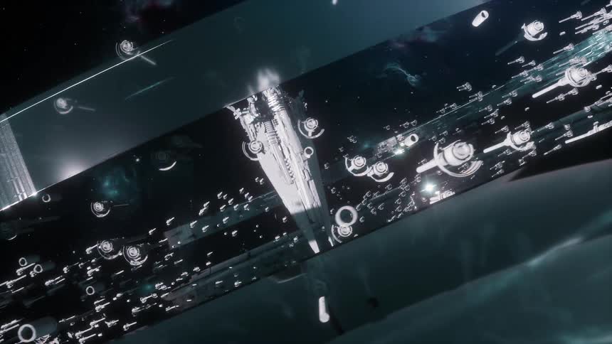 White spaceship enters hyperspace ring composed of floating machinery