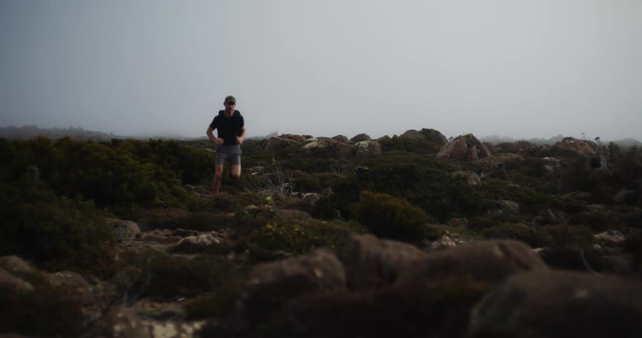 A man is jogging through the wilderness at midday