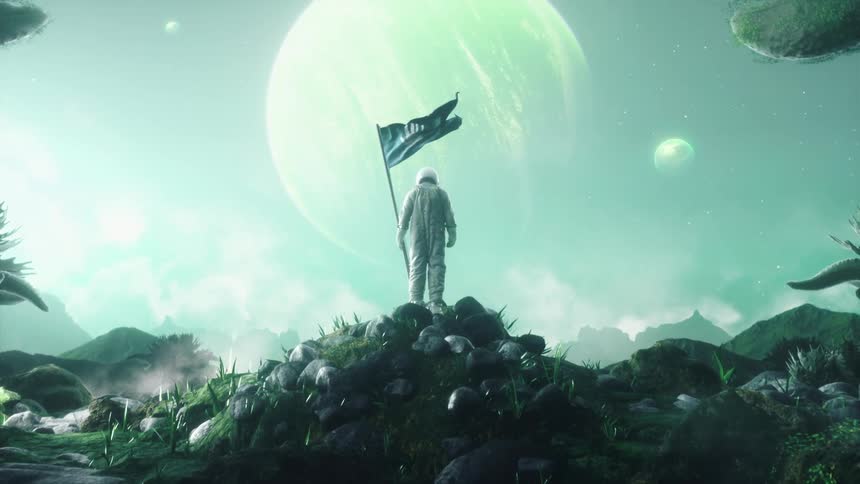 An animation depicts an astronaut holding a flag on a new planet