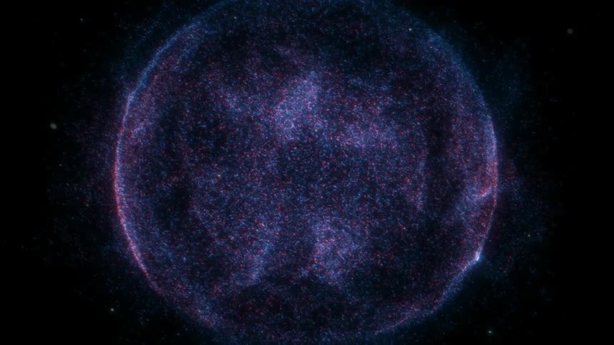 Swirling blue and purple particles form spherical shape against starry background