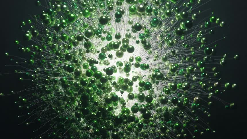 A Radioactive atomic reaction sends atoms bursting in a fission explosion