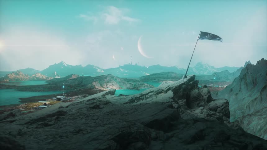 A flag is planted above a human settlement on an alien planet