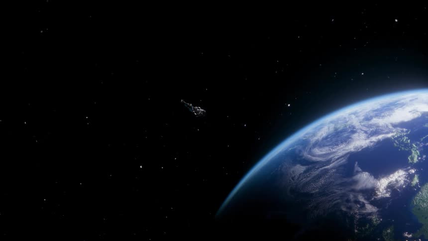 A spaceship leaves Earth and ventures into the darkness of outer space