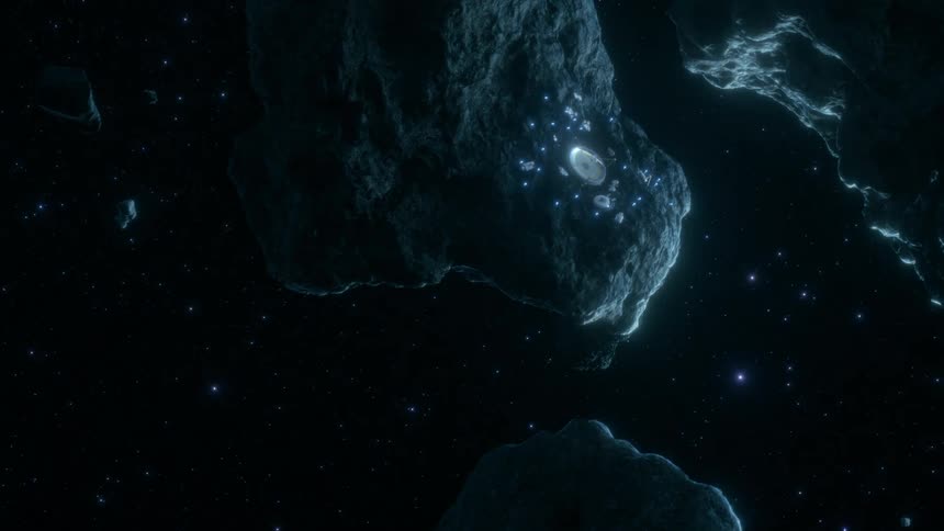 A space colony is built into a large asteroid in space