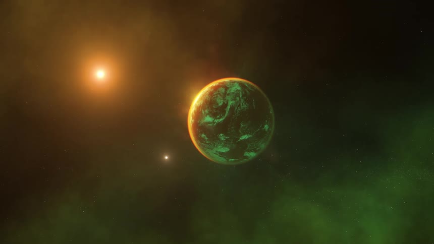 A spaceship flies towards a planet and there is sun in the distance in green and orange hazy space with scattered stars