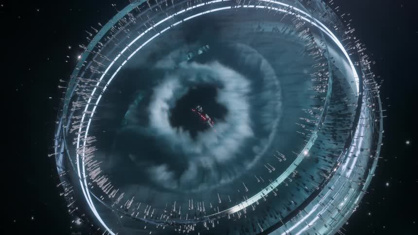 A spaceship is preparing to launch into hyperspace inside a giant technological portal