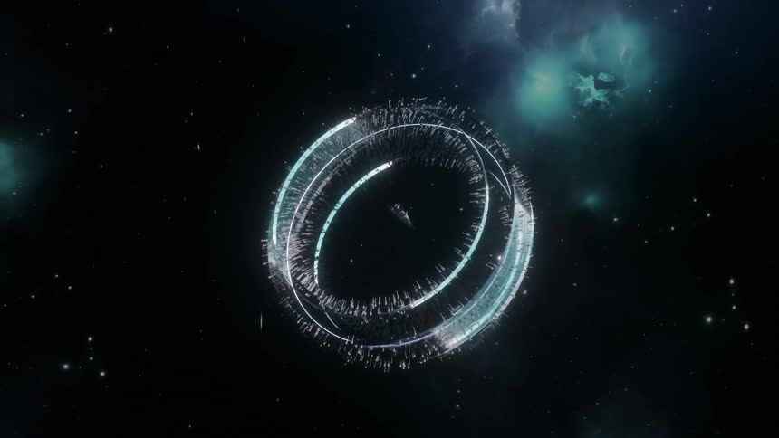 Spaceship enters a hyperspace ring floating in outer space