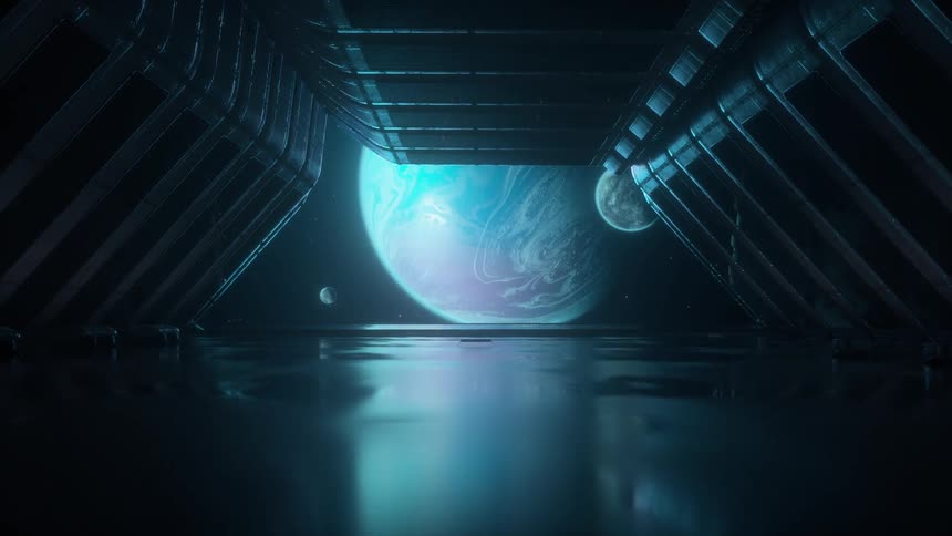 A shot of a planet and two moons from inside a spaceship hangar