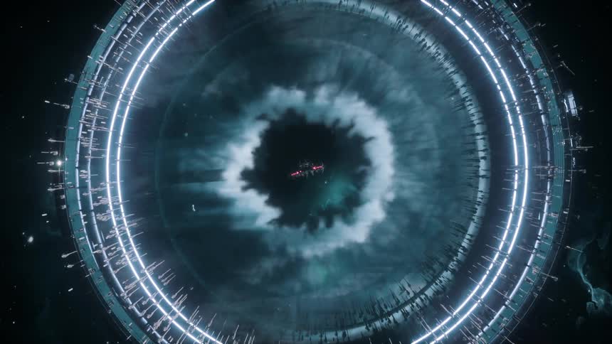 A space ship enters through a wormhole