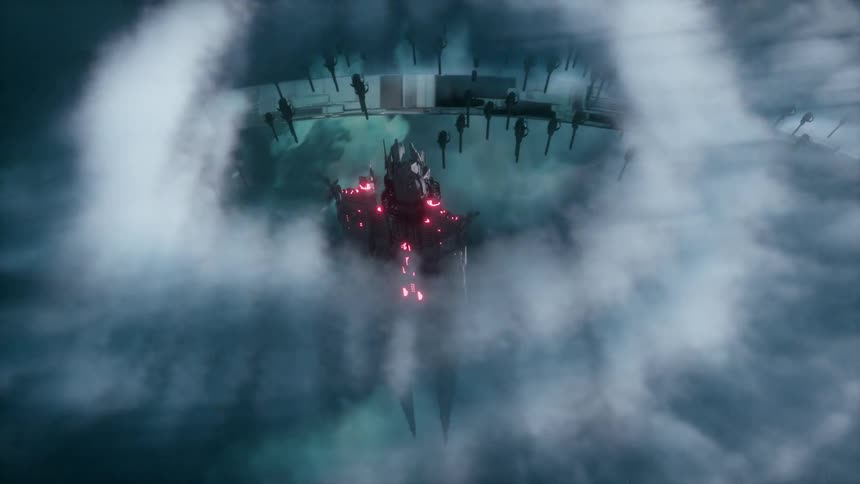 Red lights glow on a space ship surrounded by hazy fog as it flies across the sky