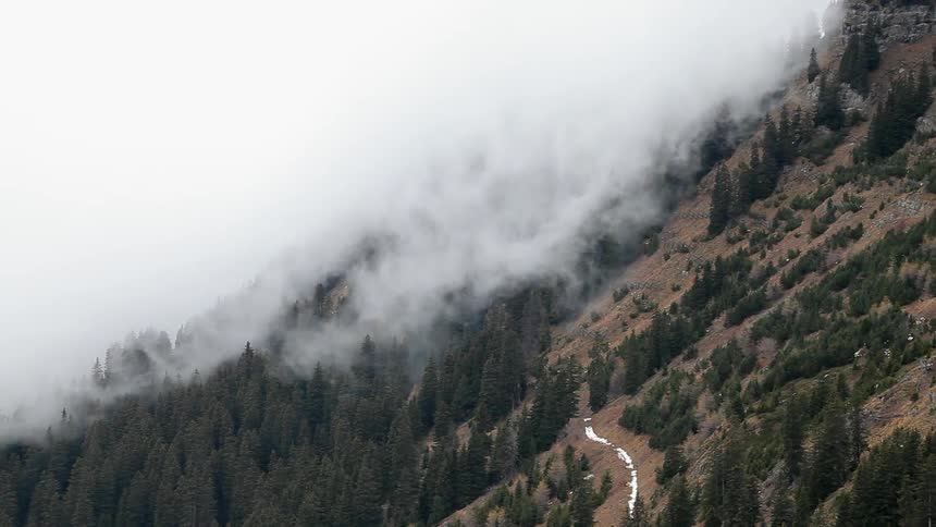 Fog rolls down a mountain