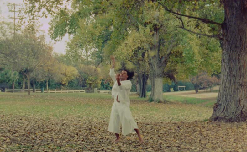 A man is dancing outdoors by himself in autumn