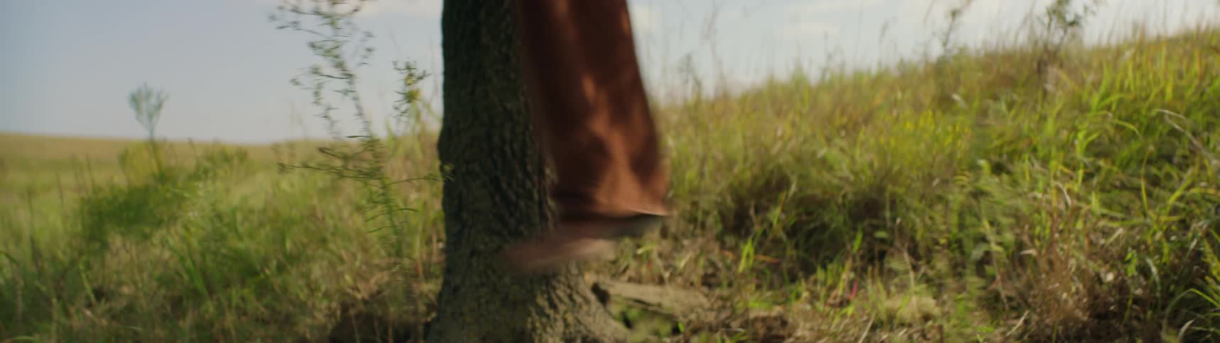 Person hanging onto tree in field moves their feet through the air