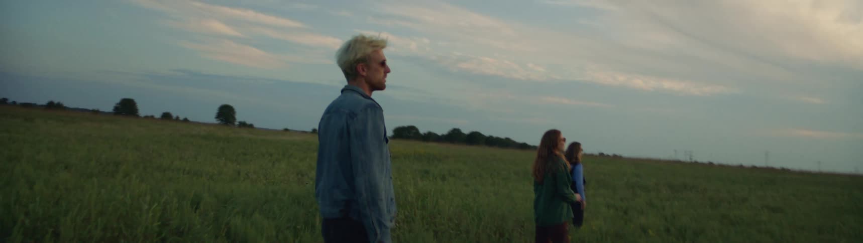 A group of people are standing in a grassy field on a cloudy evening
