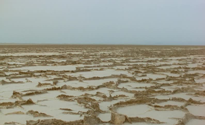Sand puddles stretch to horizon on misty day
