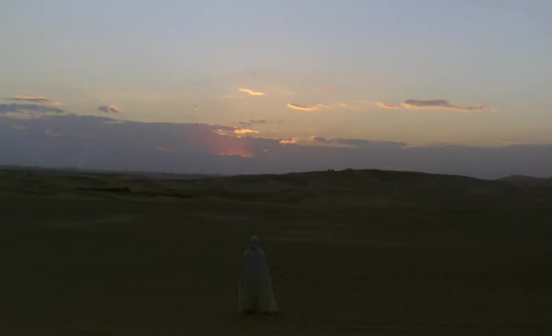 A woman stands in a desert as the sun sets