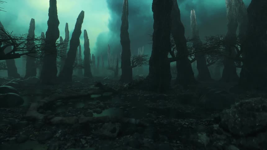 Bones and trees are scattered in a foggy green marsh