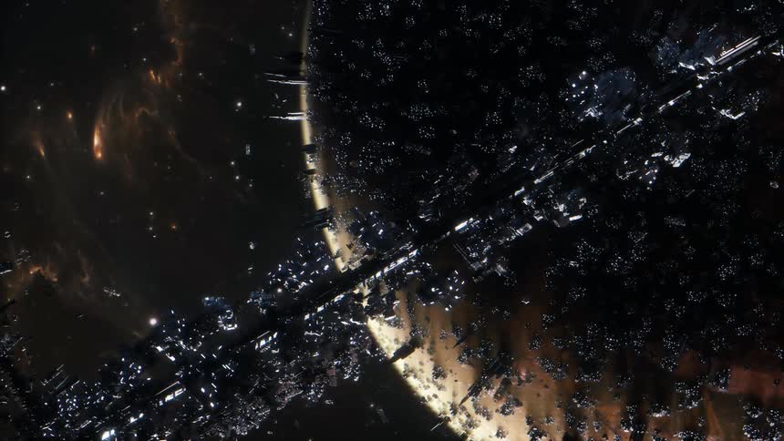 Space stations and satellites floating near a planet in outer space