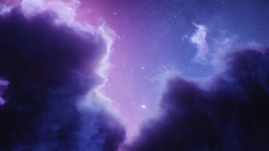 Light dots move across red and blue sky above dark clouds
