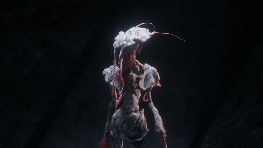 Alien being with pale skin and red tentacles stands against dark background