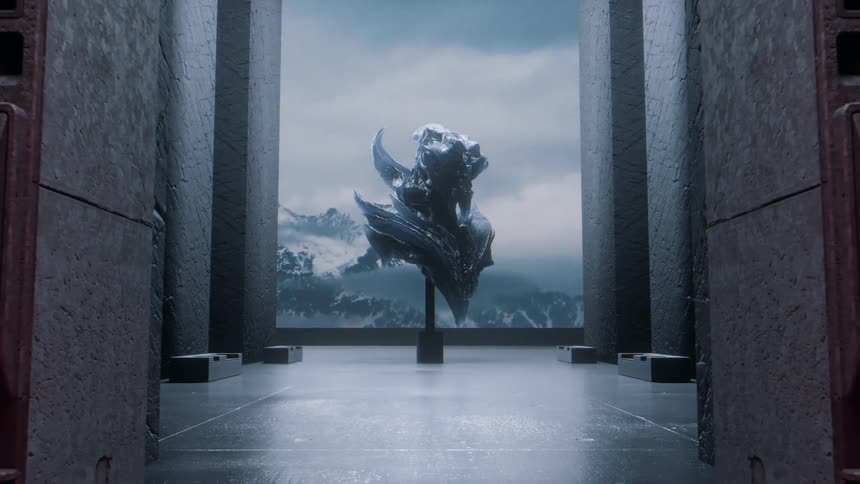 Alien creature bust is revealed in a futuristic museum room