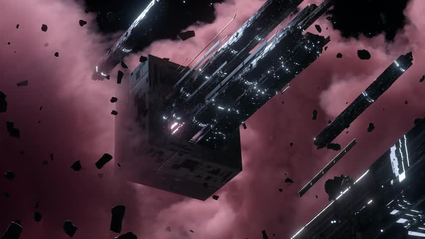 A giant futuristic computer under construction is suspended in outer space