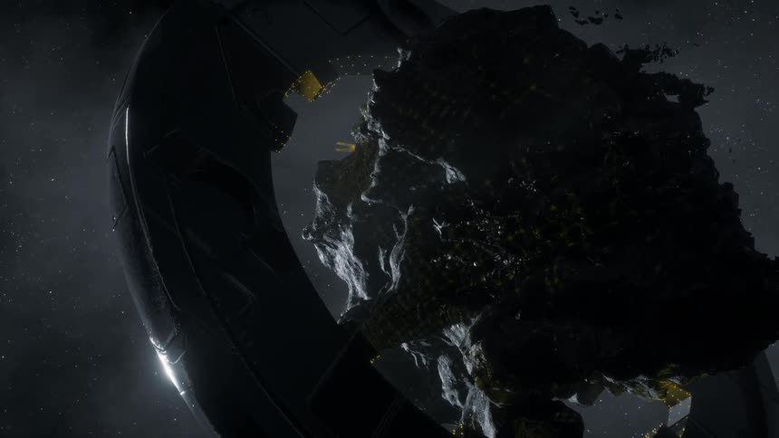 Pattern lights move across surface of asteroid as space ring rotates around it