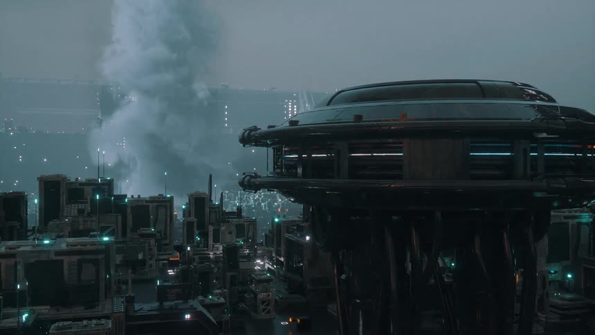 Disk topped structure towers over futuristic city as vapor rises into foggy sky