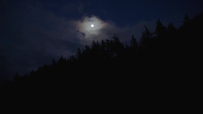 Water near silhouetted conifer forest reflects full moon shining through clouds