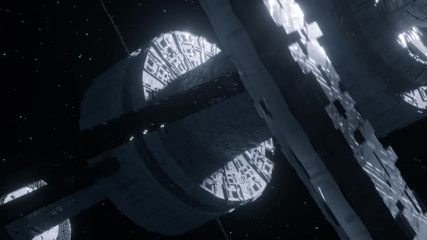 A satellite space station orbiting and spinning in outer space
