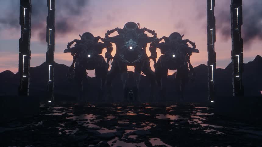Three dark robotic beings standing in a strange landscape