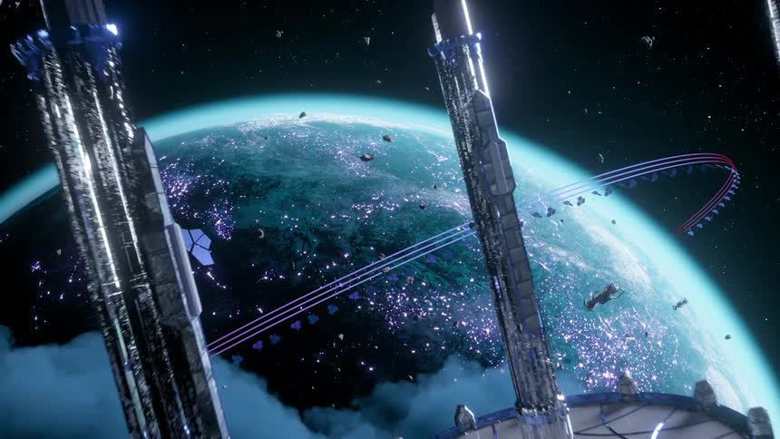 Ships and space stations float around the ringed planet