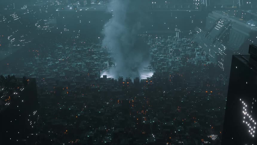 Smoke is rising from the large hole in the middle of the city