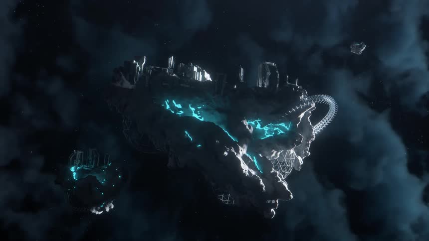 Floating metropolis in space with a lighted core against a cloudy sky