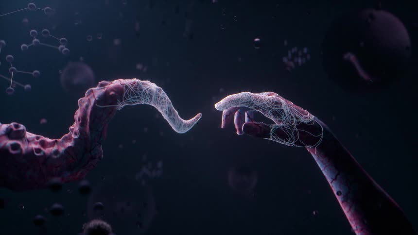 A digital finger and tentacle being wrapped by artistic special effects