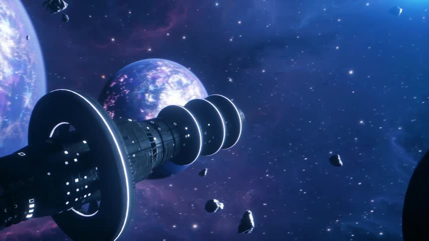 A large spacecraft floating in space near advanced planets