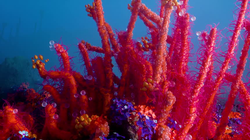 Red coral growing on the ocean floor