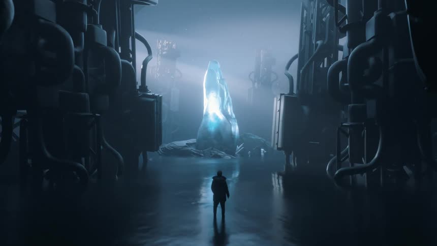 A person standing in between very large machines in front of a technological crystal