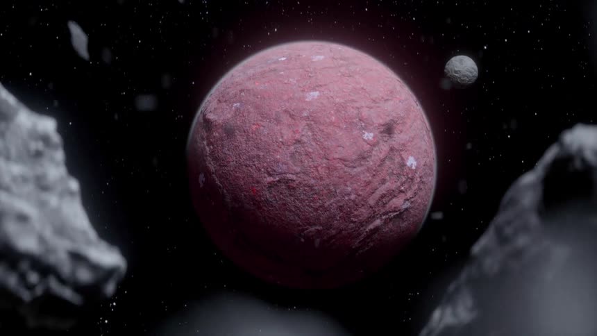 Asteroids float near a pink planet with a distant moon among the stars in space