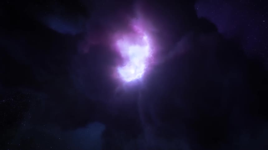 Surreal dreamlike computer generated special effects of a flyby through a violet nebula in space