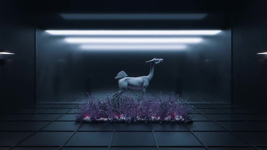 An alien animal is on display in a futuristic museum room