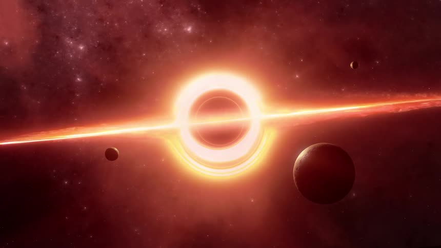 A dark planet is at the center of a solar device in the galaxy pulsating and generating flares near planets in space