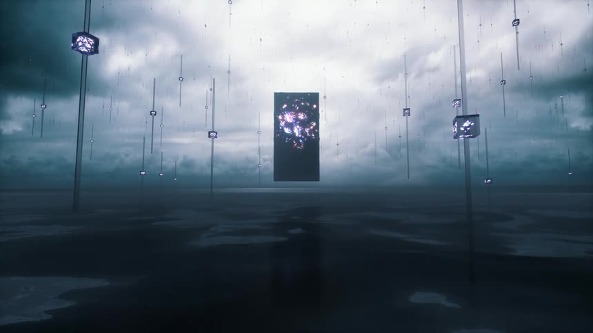 A monolithic supercomputer hovers over a misty landscape