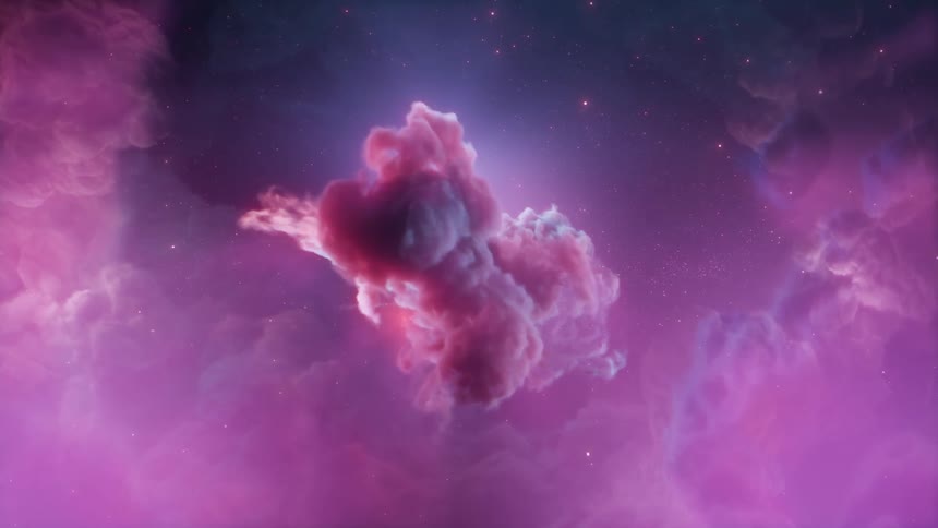 Pink clouds are floating in space as shooting stars move across the sky