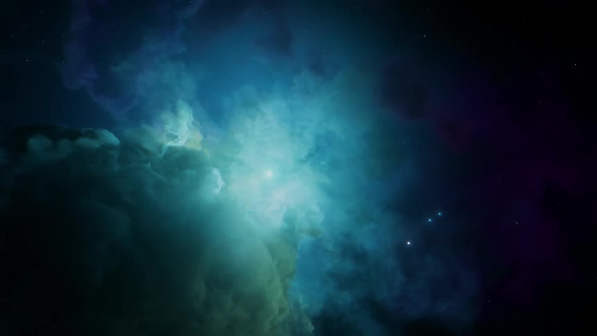 Bright dot of a space craft moves away from nebula glowing brightly at center