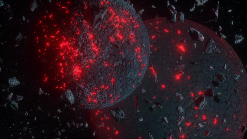 Particles floating in space around a red lit sphere