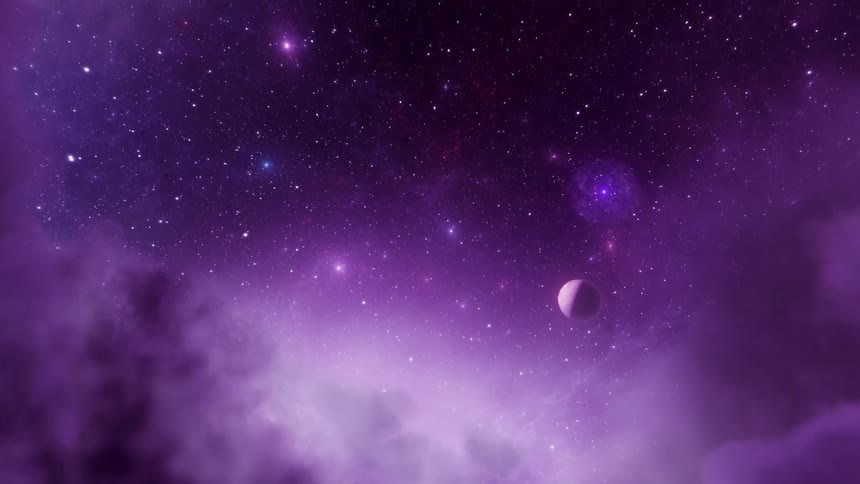 A planet is floating in a purple atmosphere in space as quasars explode among the stars